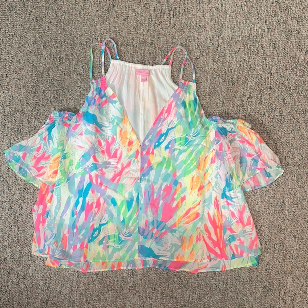 Lilly Pulitzer Pink and Yellow Ruffled Crop Blouse - Picture 1 of 4